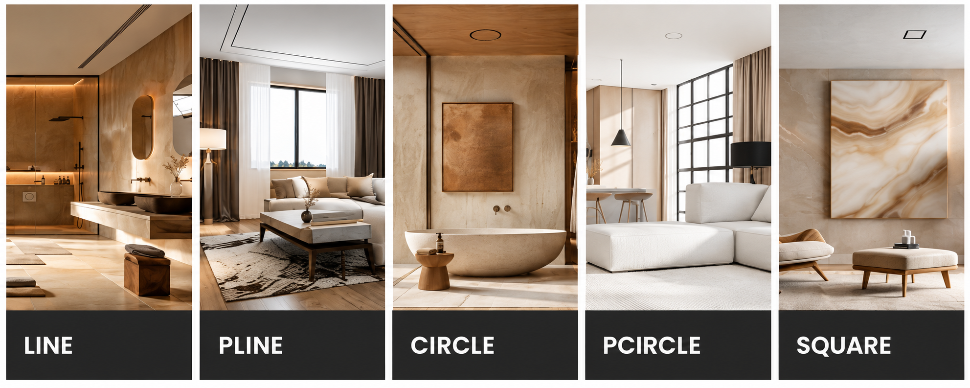 Pięć modeli nawiewników VENTMANN we wnętrzach: LINE, PLINE, CIRCLE, PCIRCLE i SQUARE.